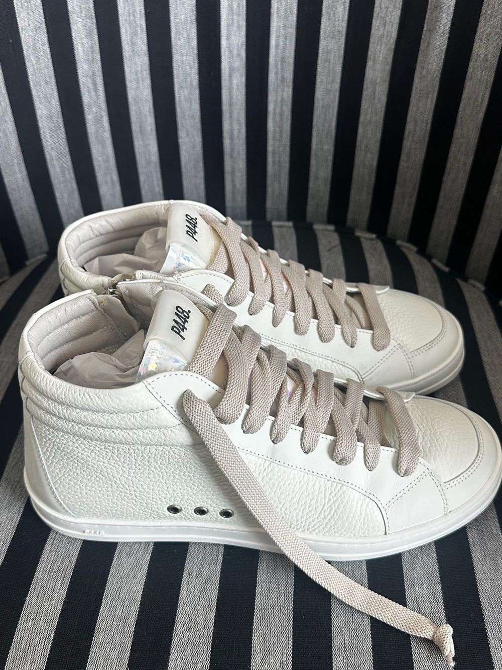 P448 Women’s White High-Top Sneakers with Taupe Laces